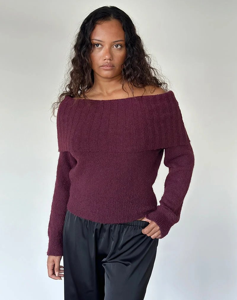 Pull Filahia Bardot, couleur bordeaux