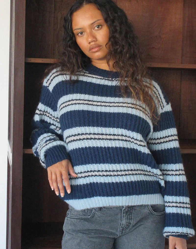 Pull Namirta bleu marine et bleu clair à rayures noires