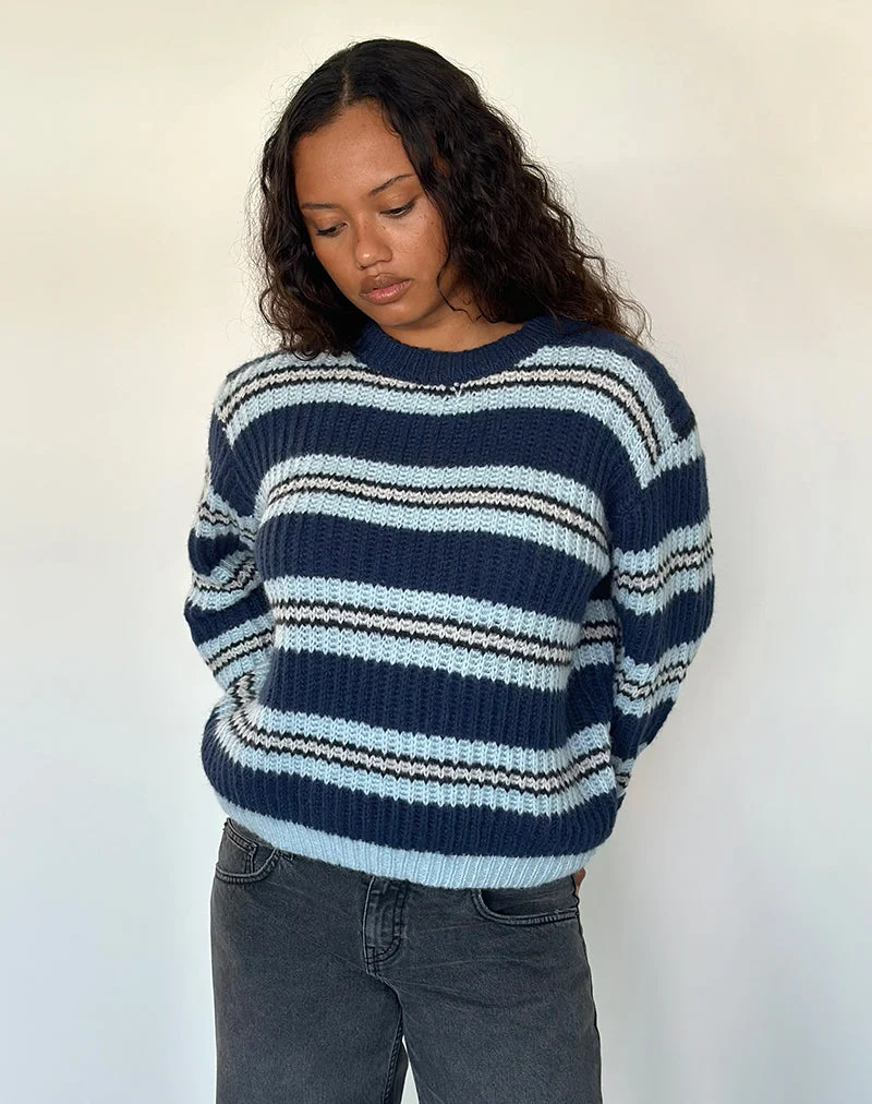 Pull Namirta bleu marine et bleu clair à rayures noires