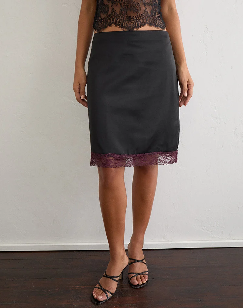 Jupe midi Riang en satin noir avec bordure en dentelle bordeaux