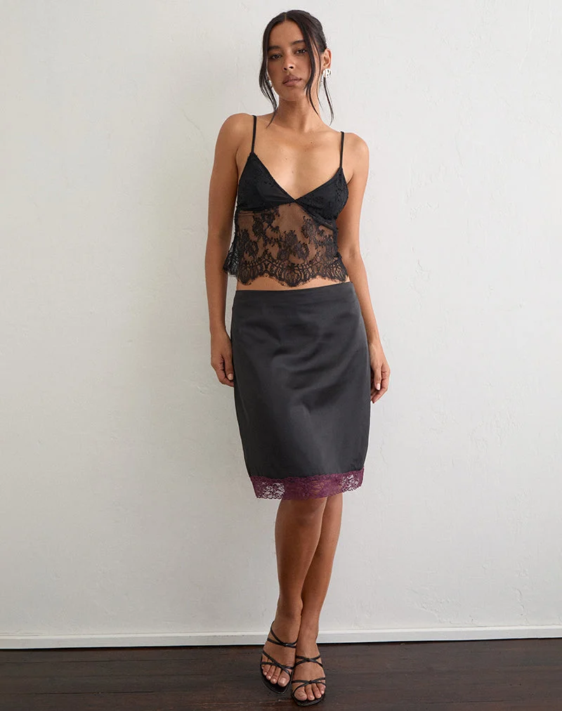 Jupe midi Riang en satin noir avec bordure en dentelle bordeaux