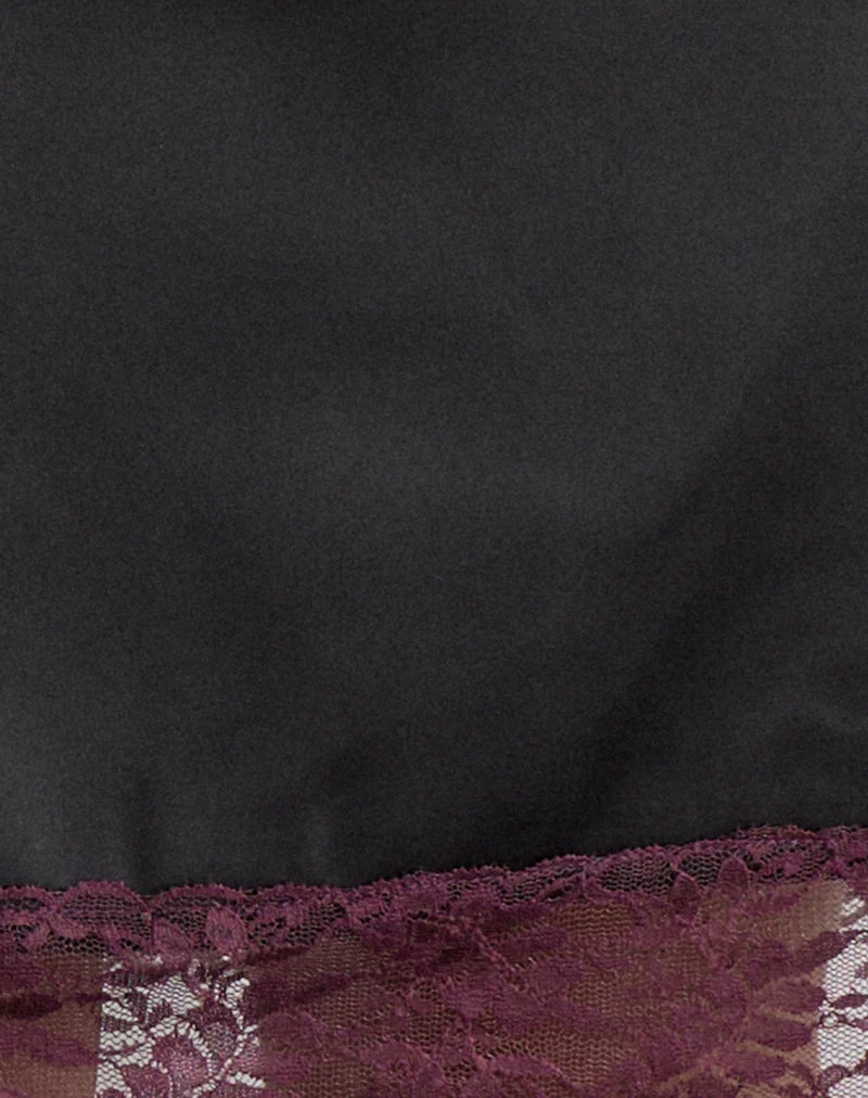 Jupe midi Riang en satin noir avec bordure en dentelle bordeaux