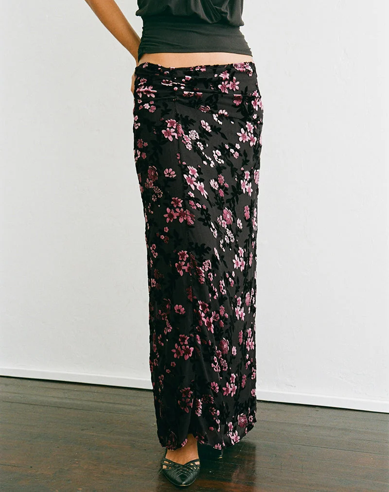 Jupe longue Nirbana, motif floral dévoré, noir