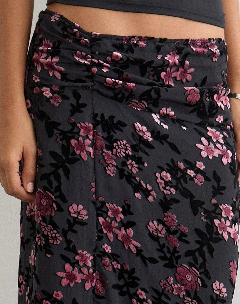 Jupe longue Nirbana, motif floral dévoré, noir