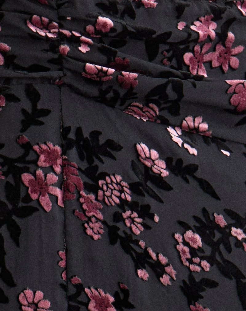 Jupe longue Nirbana, motif floral dévoré, noir