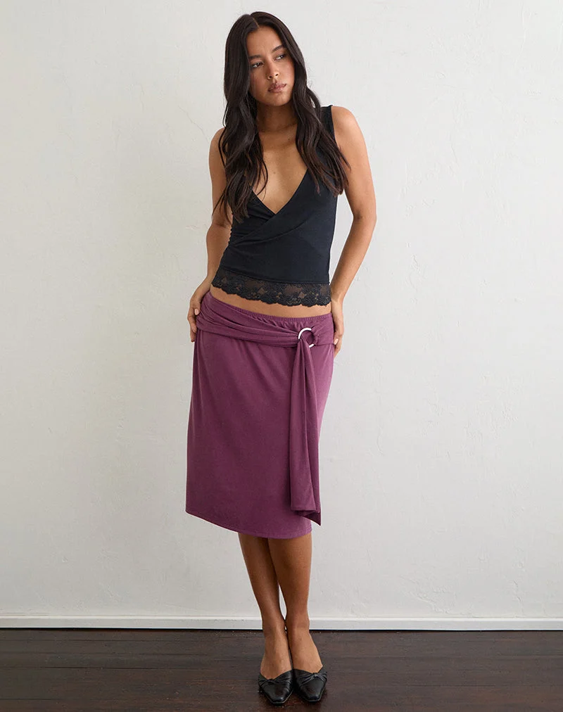 Jupe midi Niju avec anneau argenté, en cupro, violet foncé