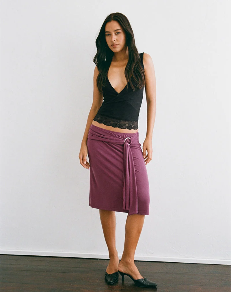Jupe midi Niju avec anneau argenté, en cupro, violet foncé