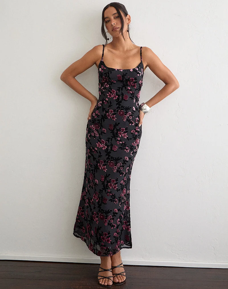 Robe longue Nismara à motif floral dévoré, noire