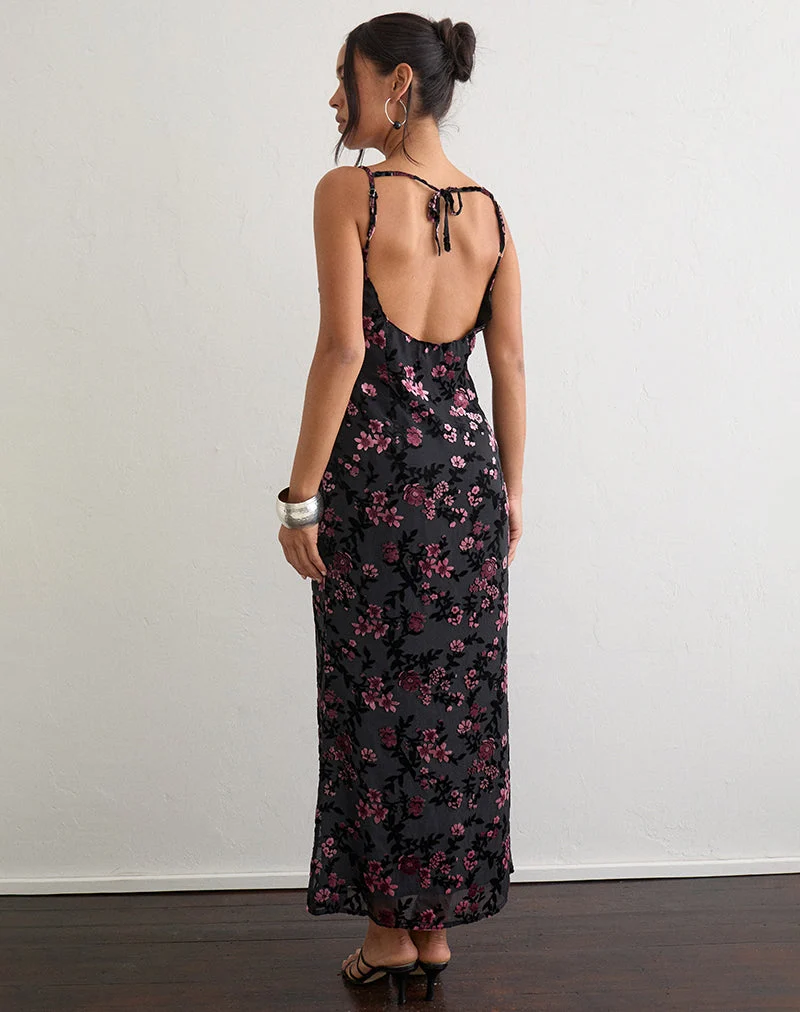 Robe longue Nismara à motif floral dévoré, noire