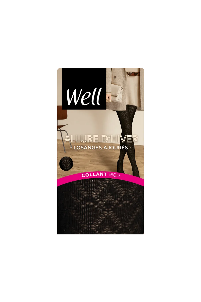 Collant Opaque 160D Losanges Ajourés Allure d'Hiver - Noir ébène