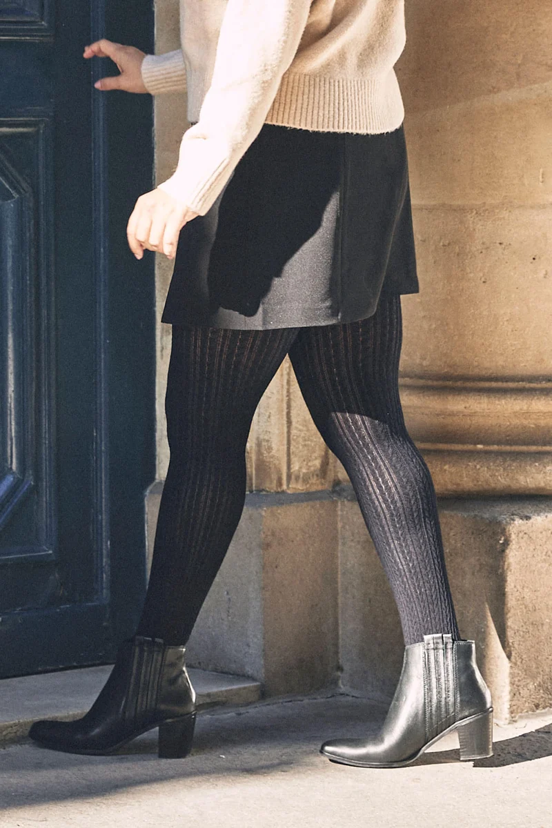 Collant opaque 200D Chaud Maille Torsadée Allure d'Hiver - Noir ébène