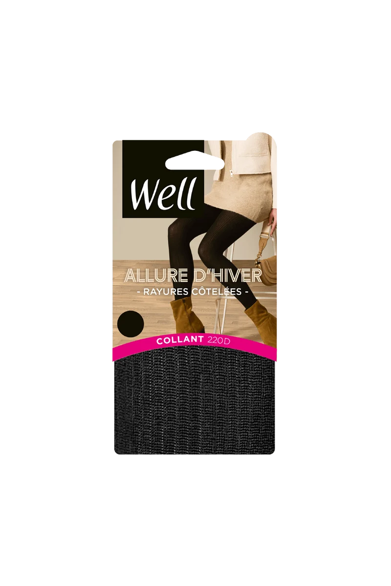 Collant opaque 180D Chaud Rayures Côtelées Allure d'Hiver - Noir ébène