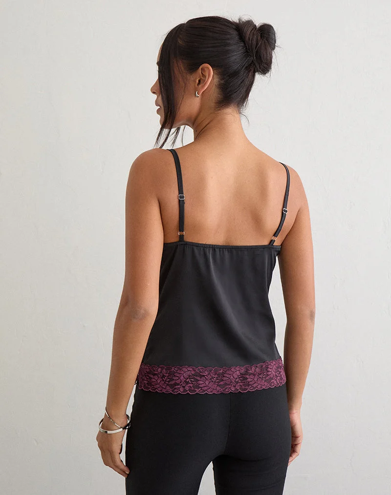 Haut Camara en satin noir avec bordure en dentelle bordeaux