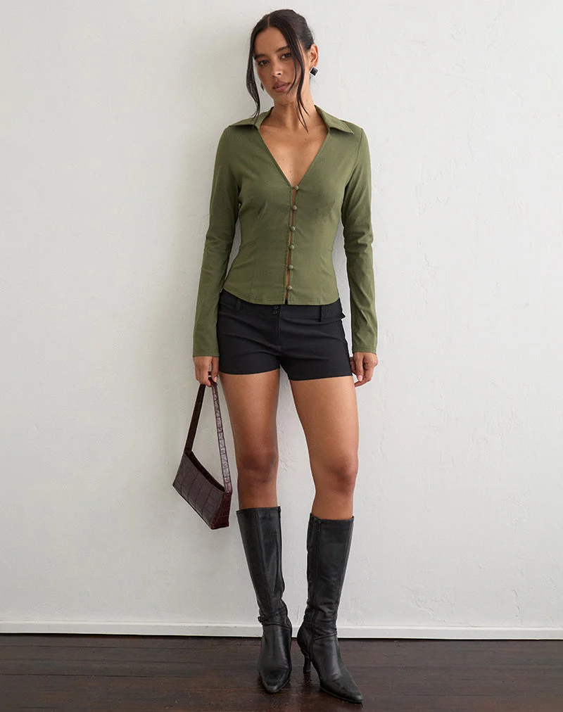 Chemise Anika V en tissu stretch ajusté, couleur kaki