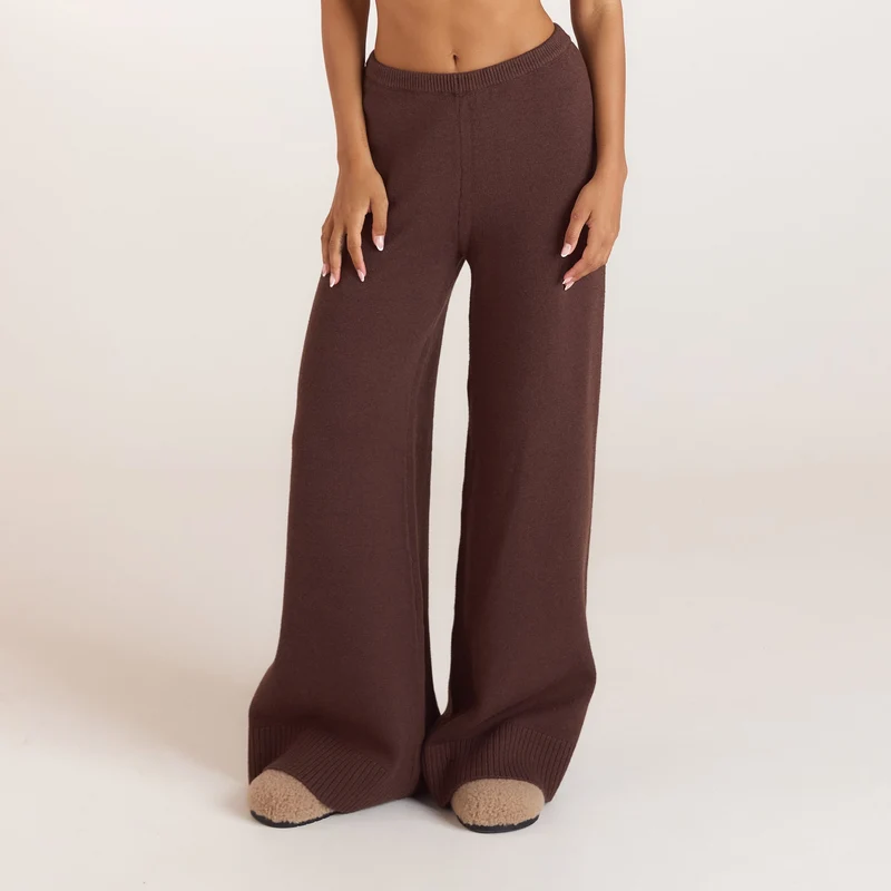 Pantalon en Maille à Ourlets Côtelés - Chocolat