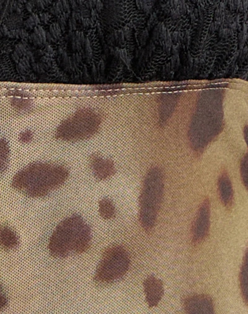 Mini-robe Aemma en noir et résille, grand motif léopard marron