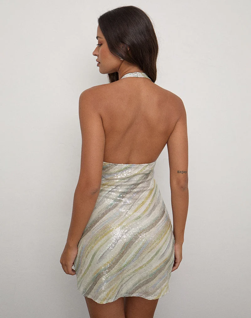 Mini-robe dos nu Hepasi à rayures et paillettes, couleur taupe clair