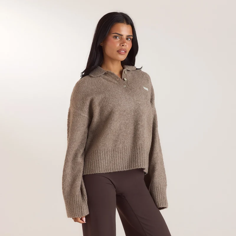 Pull Polo en Maille Bouclée - Taupe