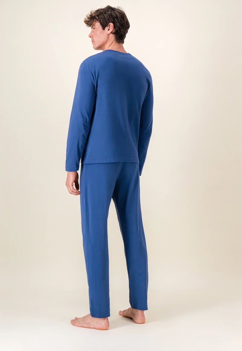 Ensemble pyjama haut et pantalon bleu en coton - Pyjama Haut Manches Longues Superbe Et Bas De Pyjama Long Indomptable Acier
