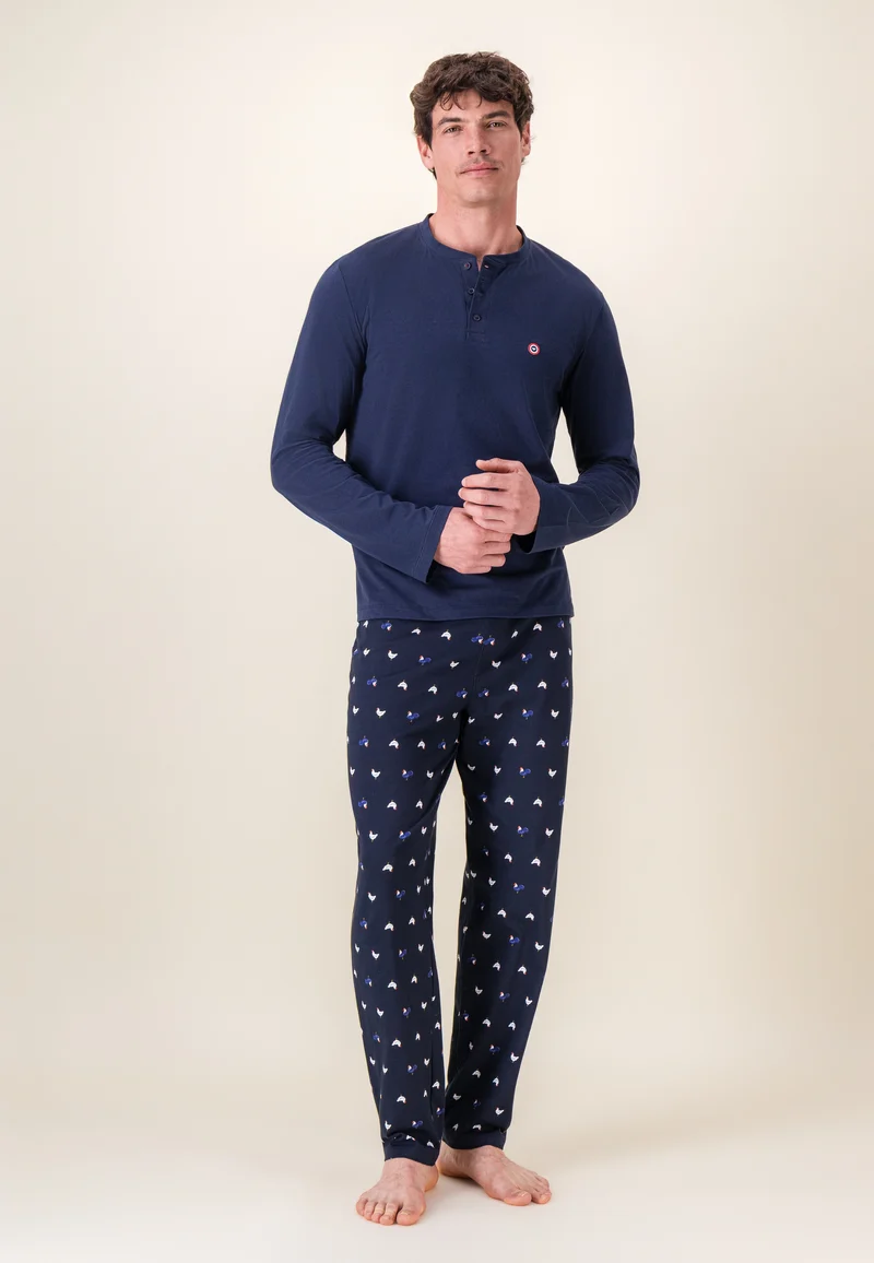 Ensemble pyjama haut et pantalon à motif coq marine en coton - Pyjama Haut Manches Longues Et Bas De Pyjama Long Tont Coq