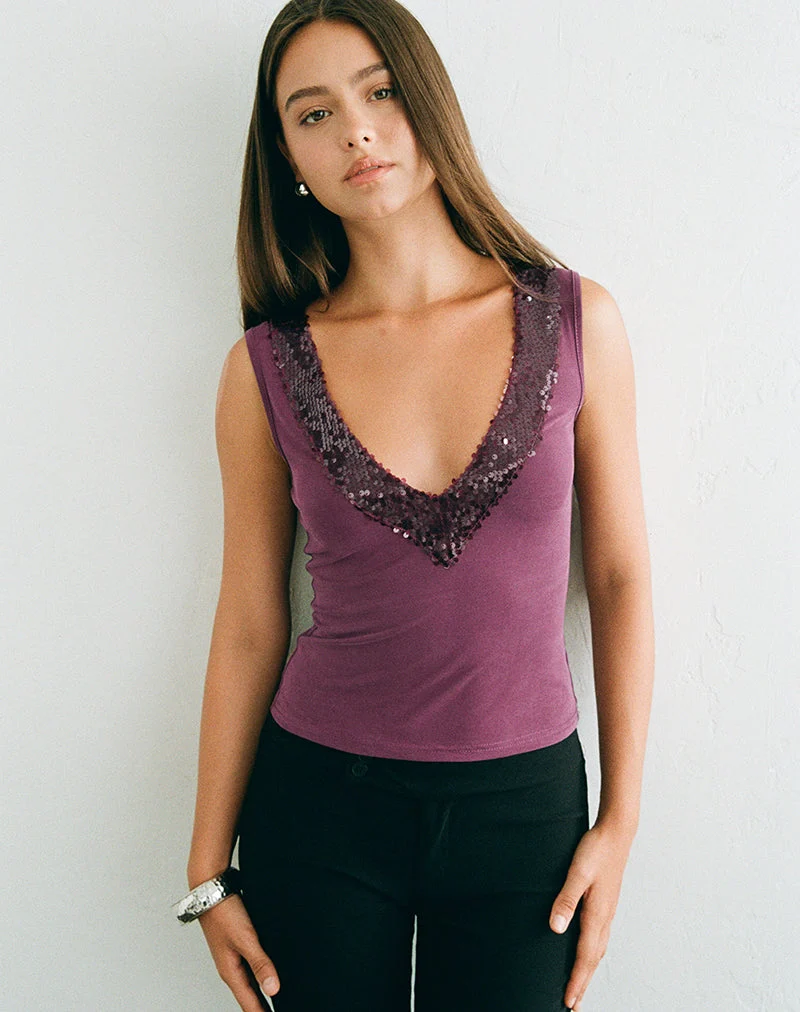 Haut Nahia avec bordure à paillettes, en cupro, violet foncé