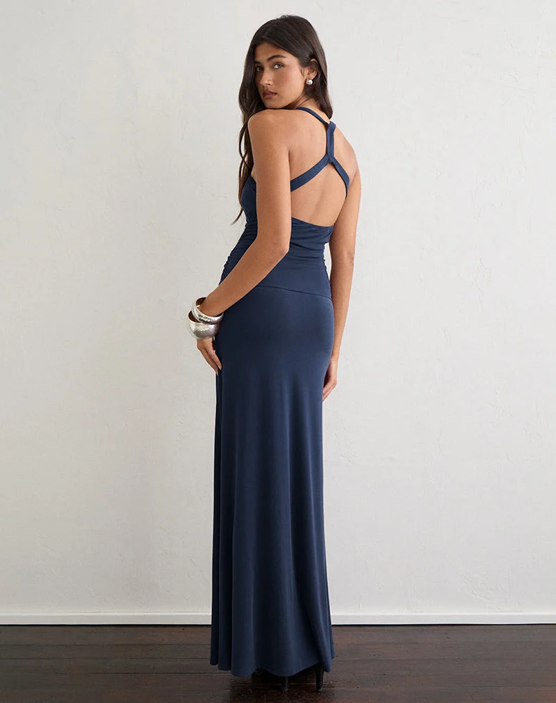 Robe longue à volants Alivia en cupro bleu marine