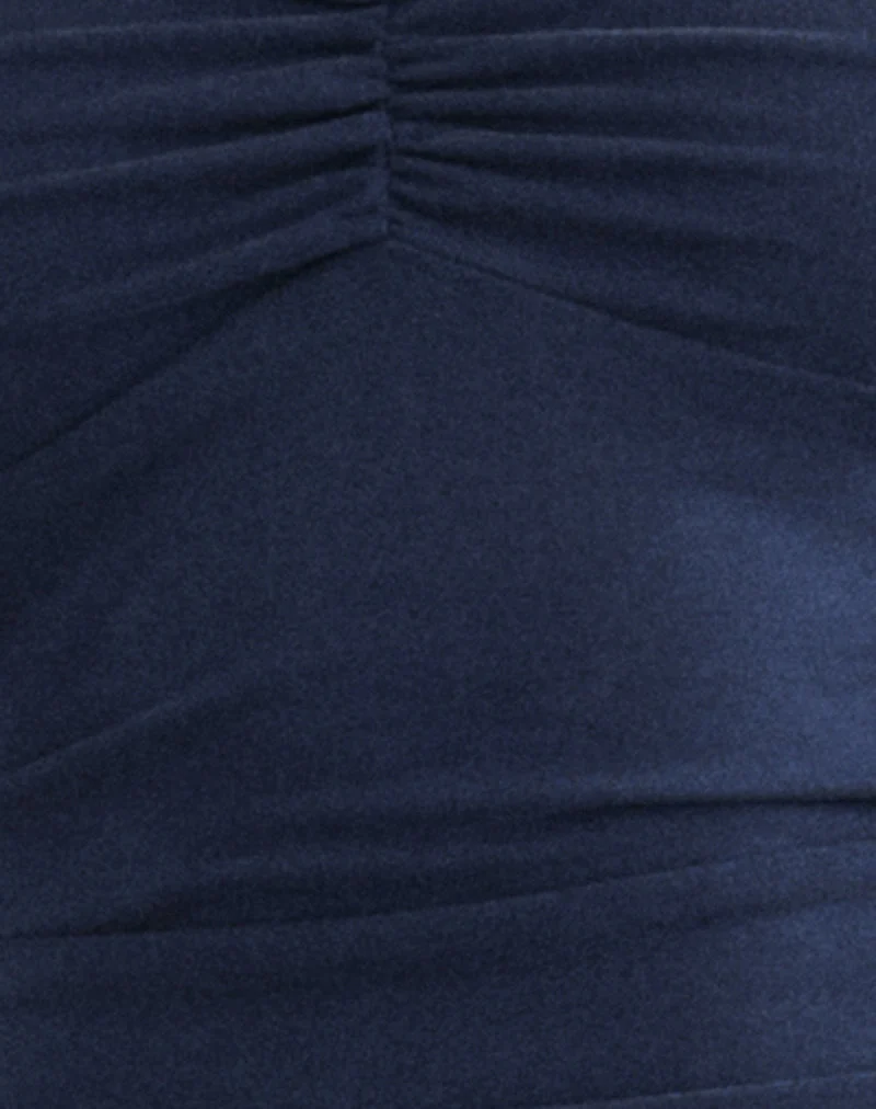 Robe longue à volants Alivia en cupro bleu marine