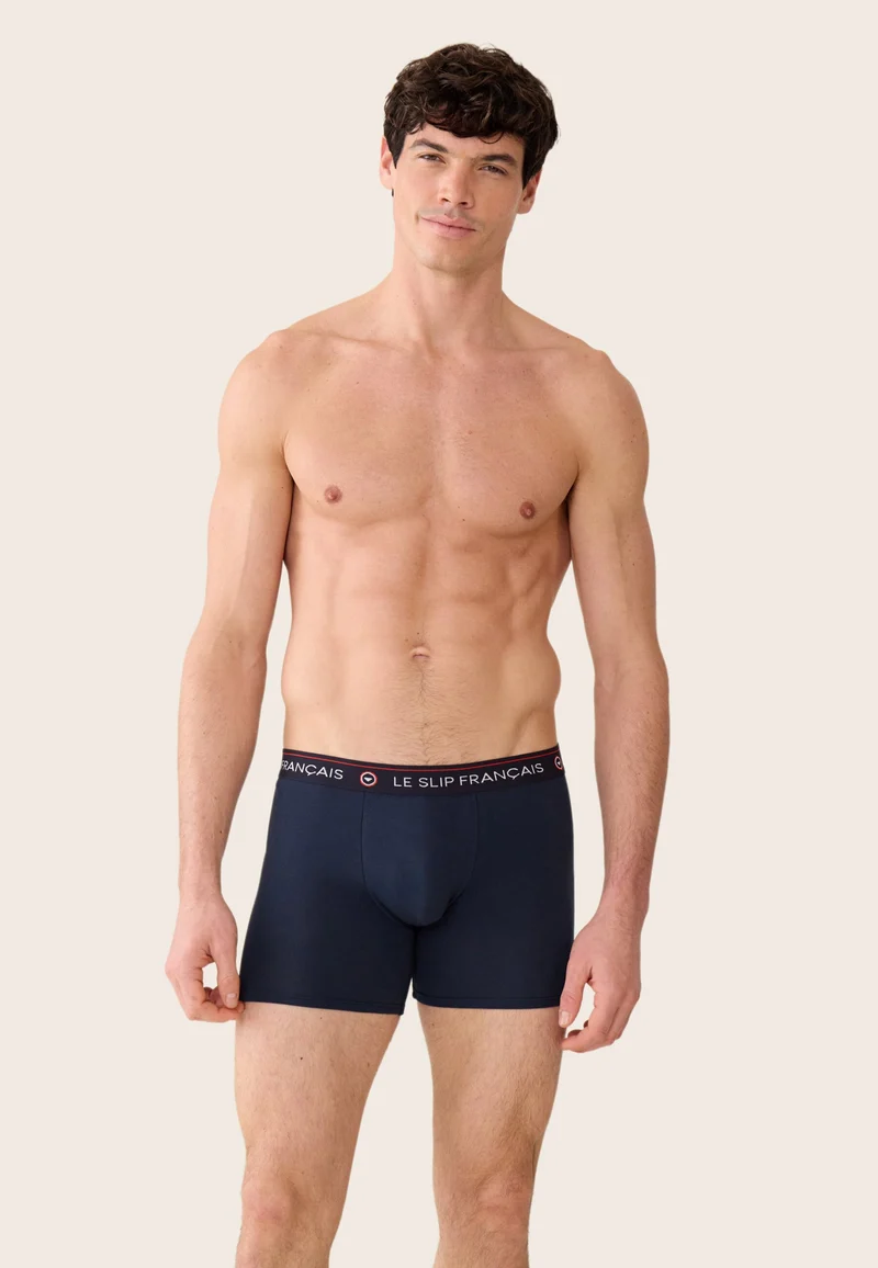 Lot de 5 boxers longs en coton - Boxers Longs Marinière Marine Indigo Noir Gris Chiné