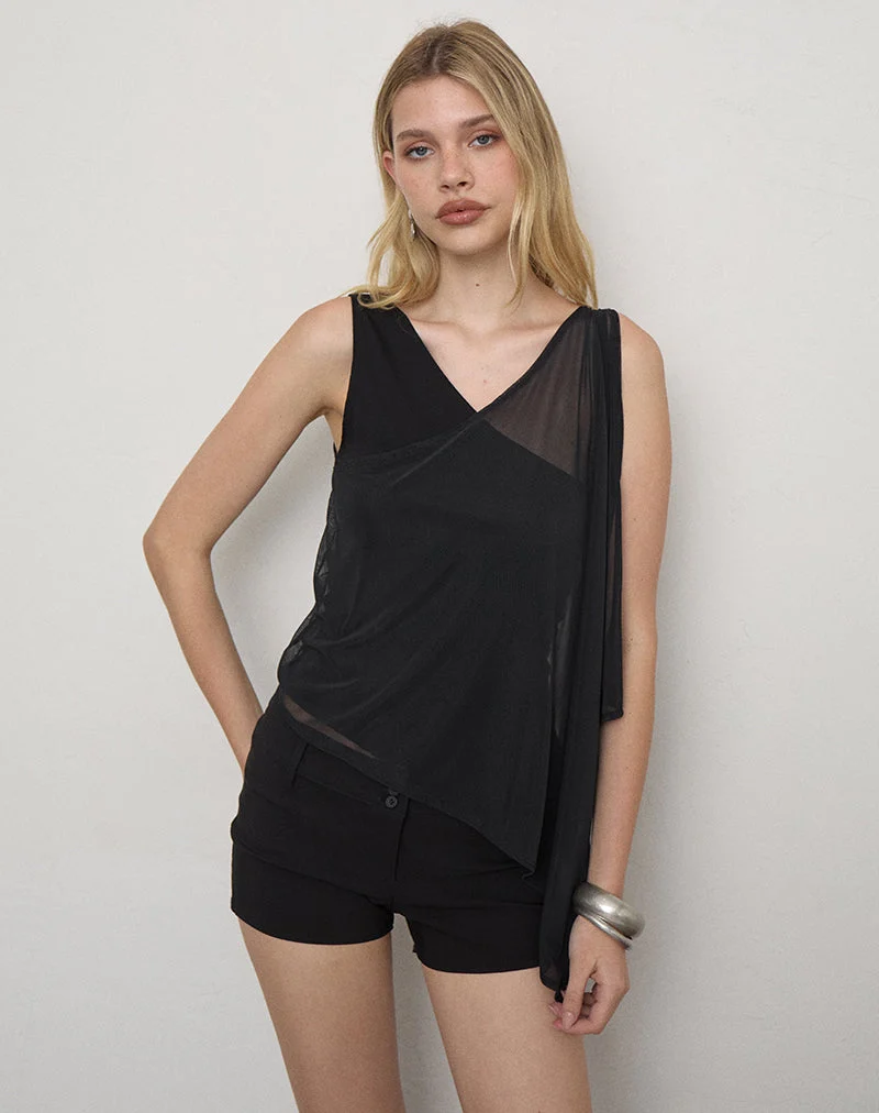Haut asymétrique Siera avec empiècement en maille, en cupro noir