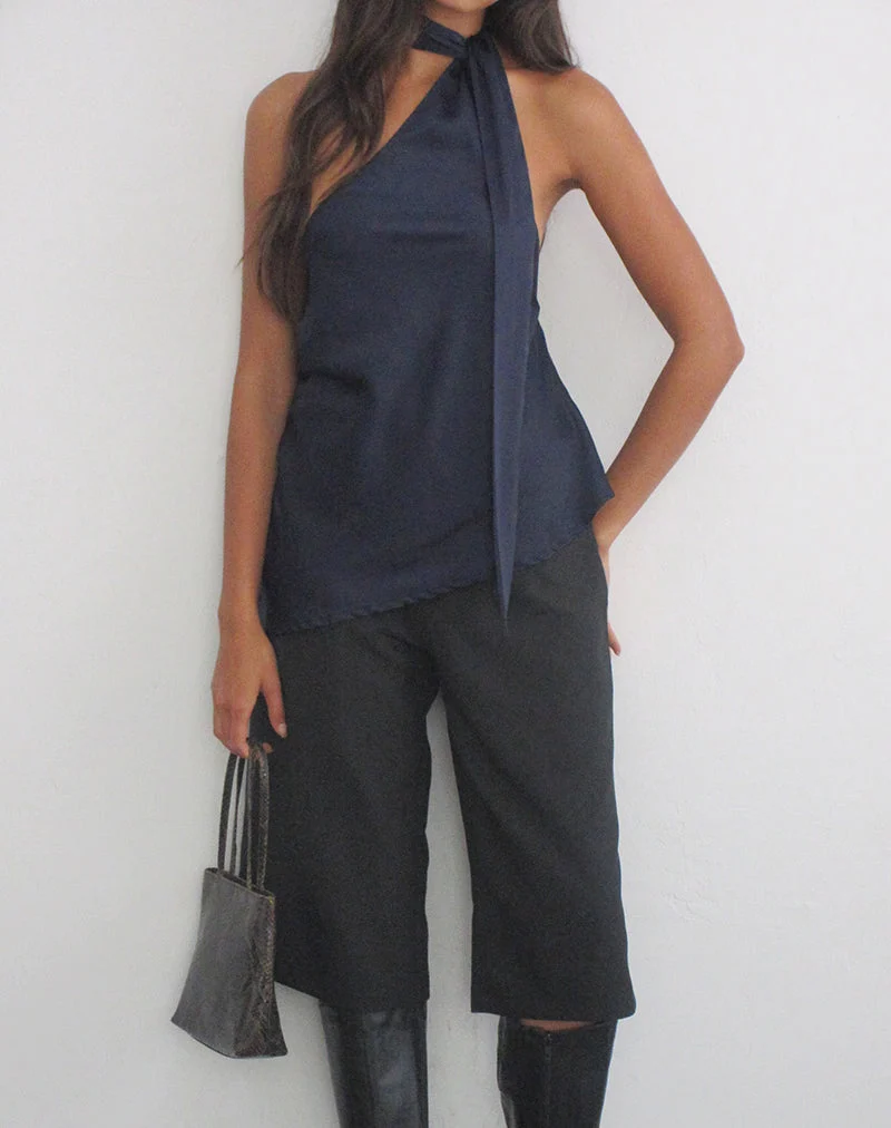 Haut dos nu asymétrique Sambara avec nœud en foulard, en satin bleu marine