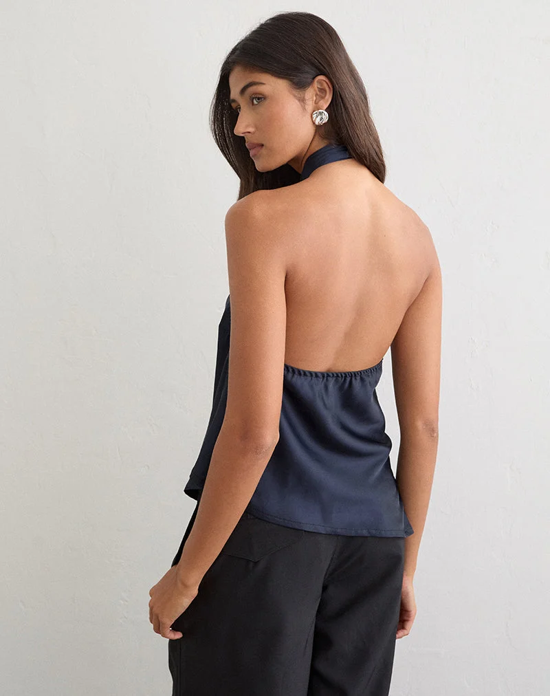 Haut dos nu asymétrique Sambara avec nœud en foulard, en satin bleu marine