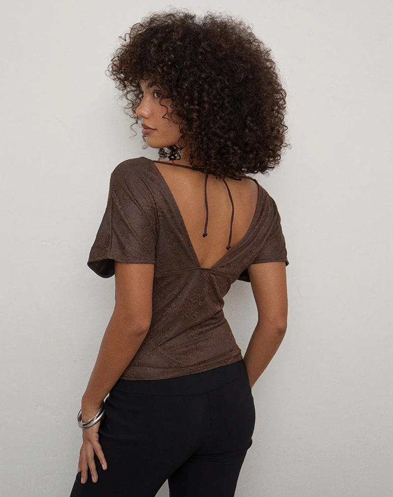 Haut Rovali à nouer dans le dos, en dentelle couleur chocolat