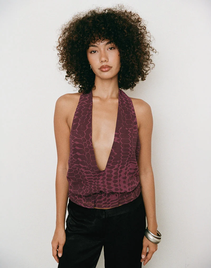 Halter-top Reo, motif serpent abstrait, couleur « Windsor Wine »