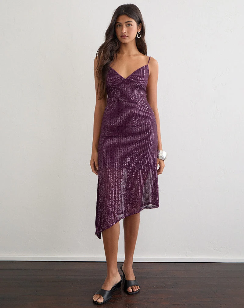 Robe midi asymétrique Quinn, à paillettes, violet foncé