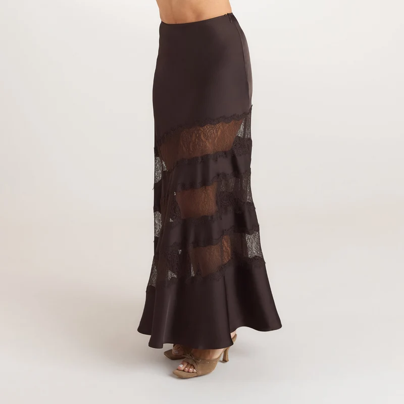 Jupe Maxi avec Empiècements en Dentelle - Chocolat