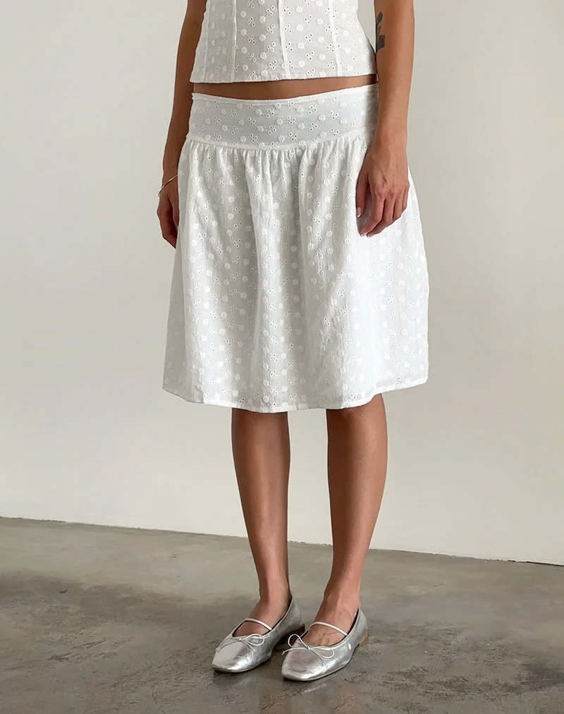 Jupe midi Aristia, broderie tissée, blanc