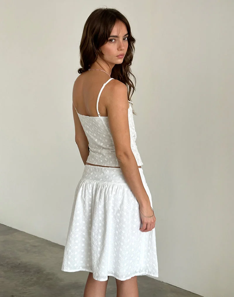 Jupe midi Aristia, broderie tissée, blanc
