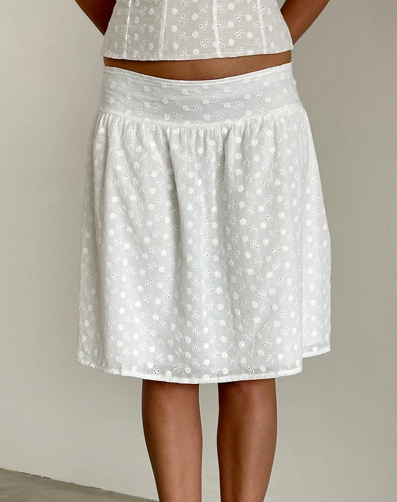 Jupe midi Aristia, broderie tissée, blanc