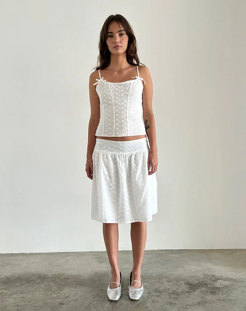 Jupe midi Aristia, broderie tissée, blanc