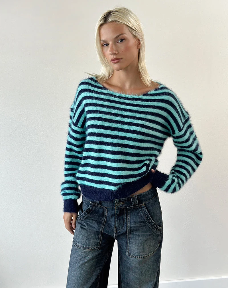 Pull Zalo en maille rayée bleu clair et bleu marine
