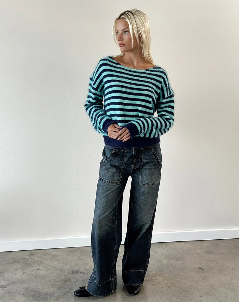 Pull Zalo en maille rayée bleu clair et bleu marine
