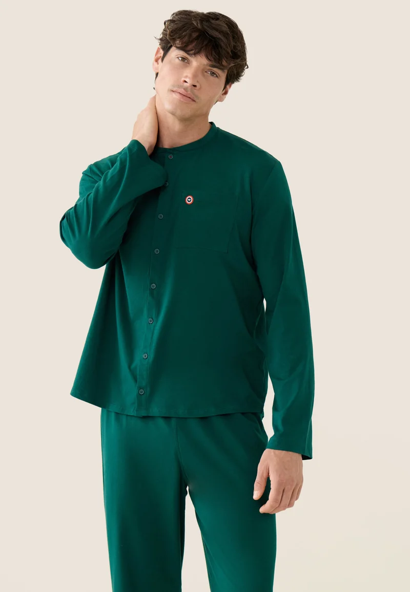 Ensemble pyjama haut et pantalon vert en coton - Pyjama Hugo Haut Manches Longues Et Bas Long Uni Vert