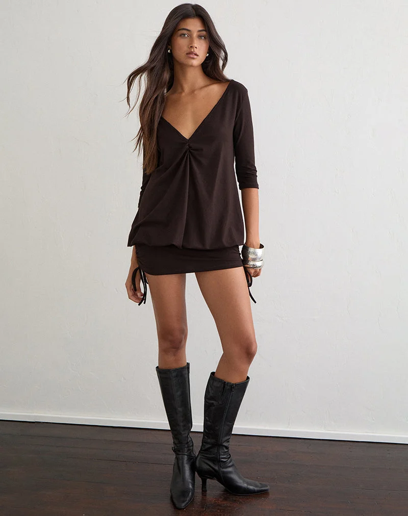 Mini-robe Sundari à manches trois-quarts en jersey de rayonne, couleur marron chocolat