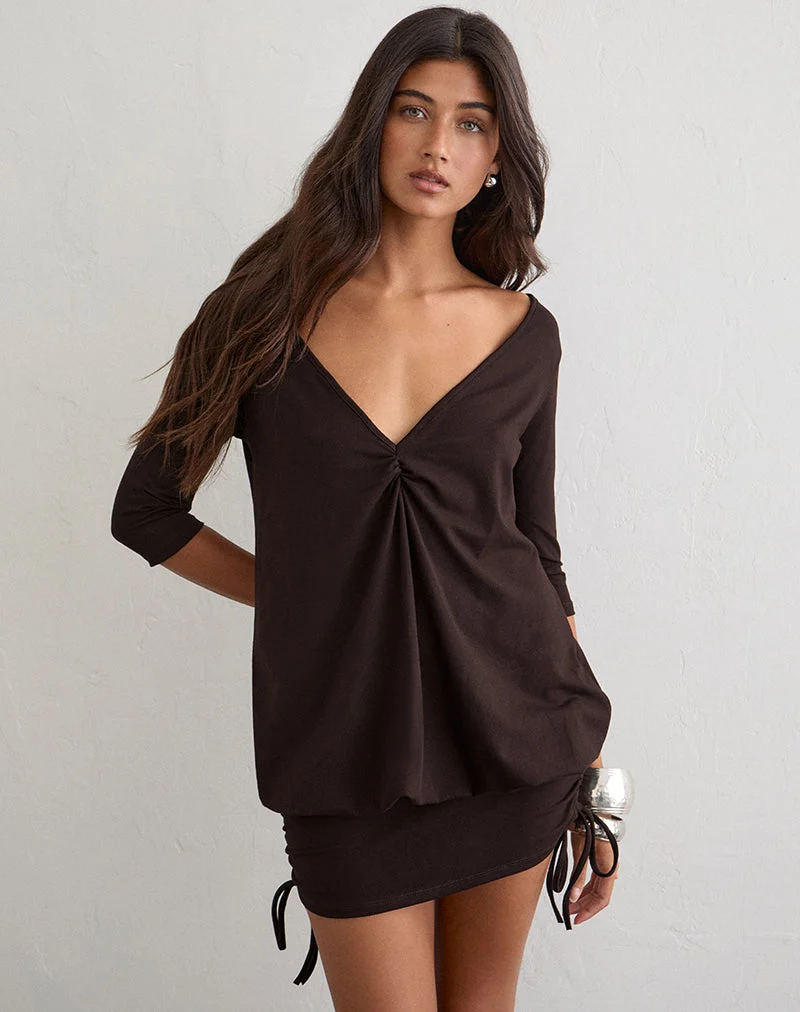 Mini-robe Sundari à manches trois-quarts en jersey de rayonne, couleur marron chocolat