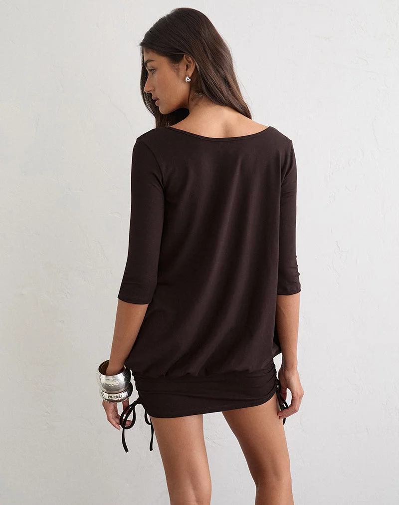 Mini-robe Sundari à manches trois-quarts en jersey de rayonne, couleur marron chocolat