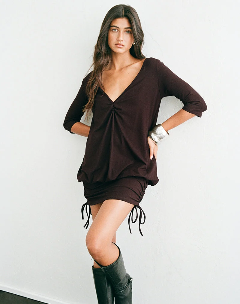 Mini-robe Sundari à manches trois-quarts en jersey de rayonne, couleur marron chocolat