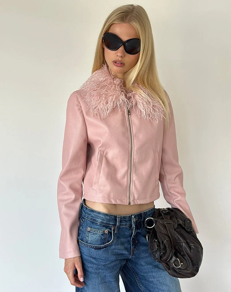 Veste Saku en cuir synthétique rose poudré avec col en fausse fourrure