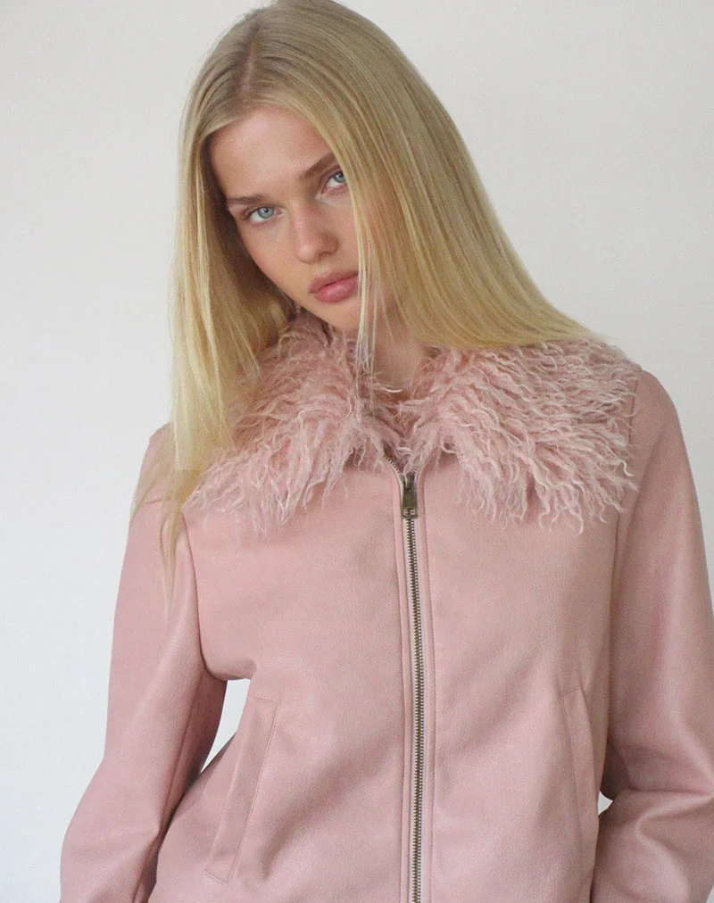 Veste Saku en cuir synthétique rose poudré avec col en fausse fourrure