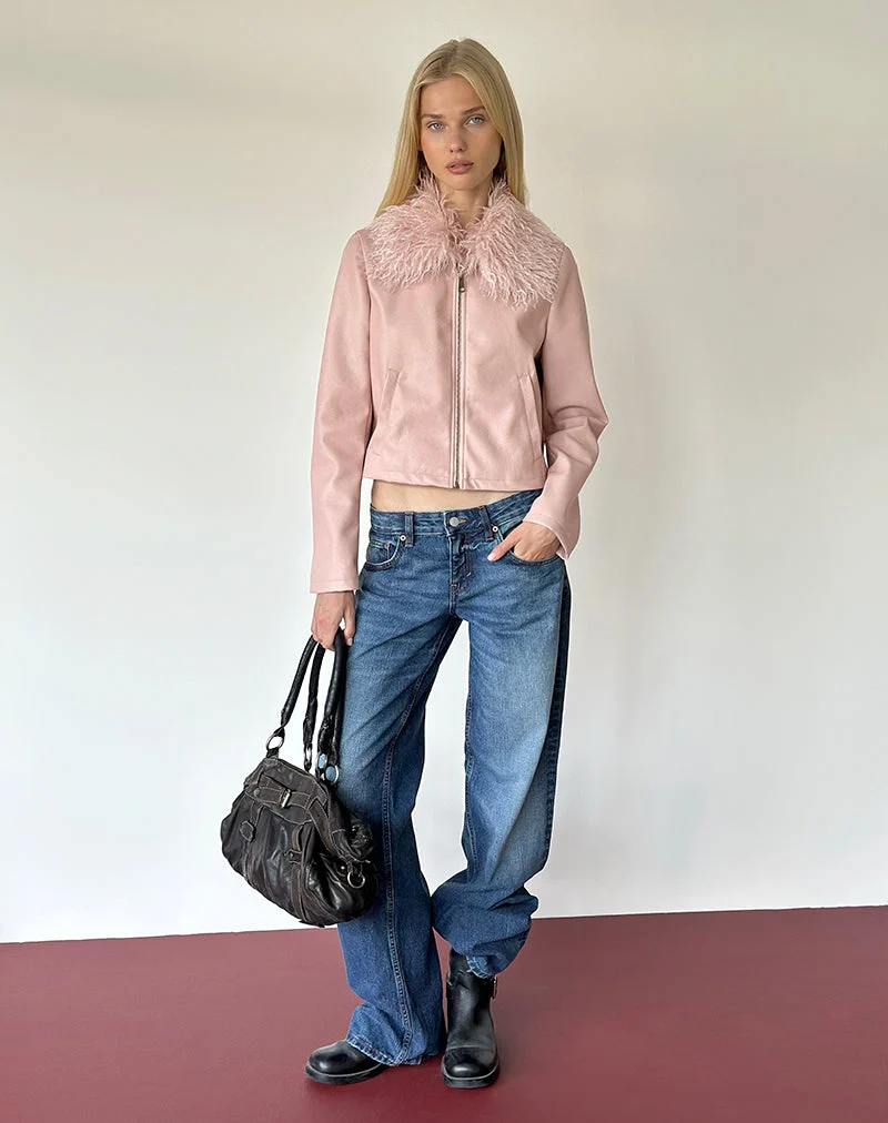 Veste Saku en cuir synthétique rose poudré avec col en fausse fourrure