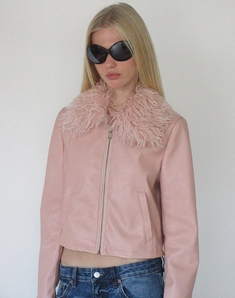 Veste Saku en cuir synthétique rose poudré avec col en fausse fourrure